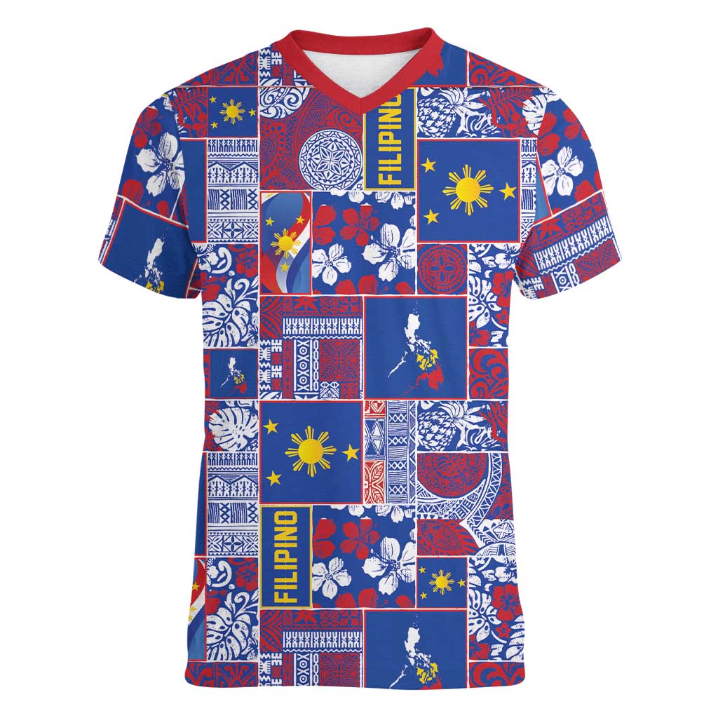 Filipino Maligayang Pasko Women V-Neck T-Shirt Pacific Patchwork Xmas Vibes LT9 Female Blue - Polynesian Pride