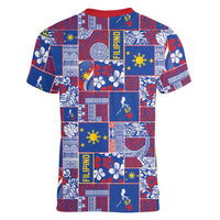 Filipino Maligayang Pasko Women V-Neck T-Shirt Pacific Patchwork Xmas Vibes LT9 - Polynesian Pride