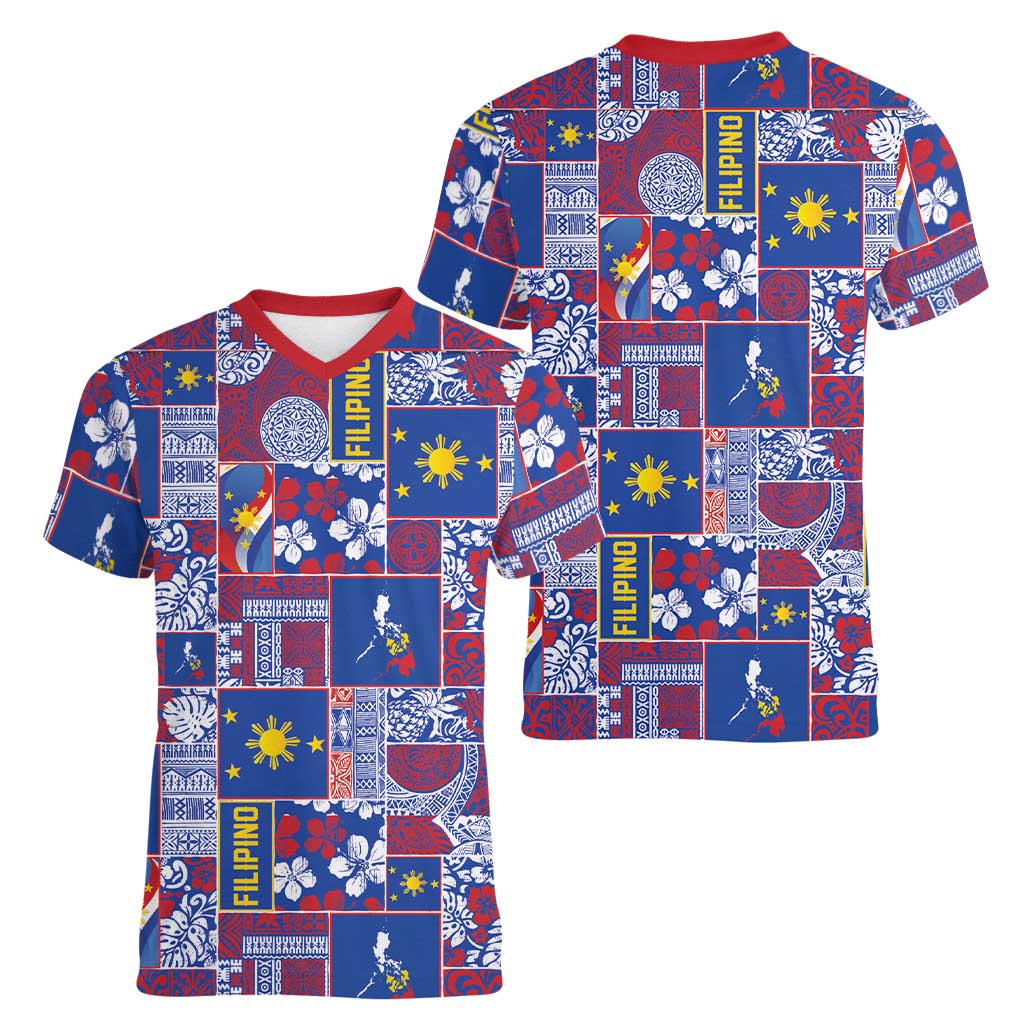 Filipino Maligayang Pasko Women V-Neck T-Shirt Pacific Patchwork Xmas Vibes LT9 - Polynesian Pride