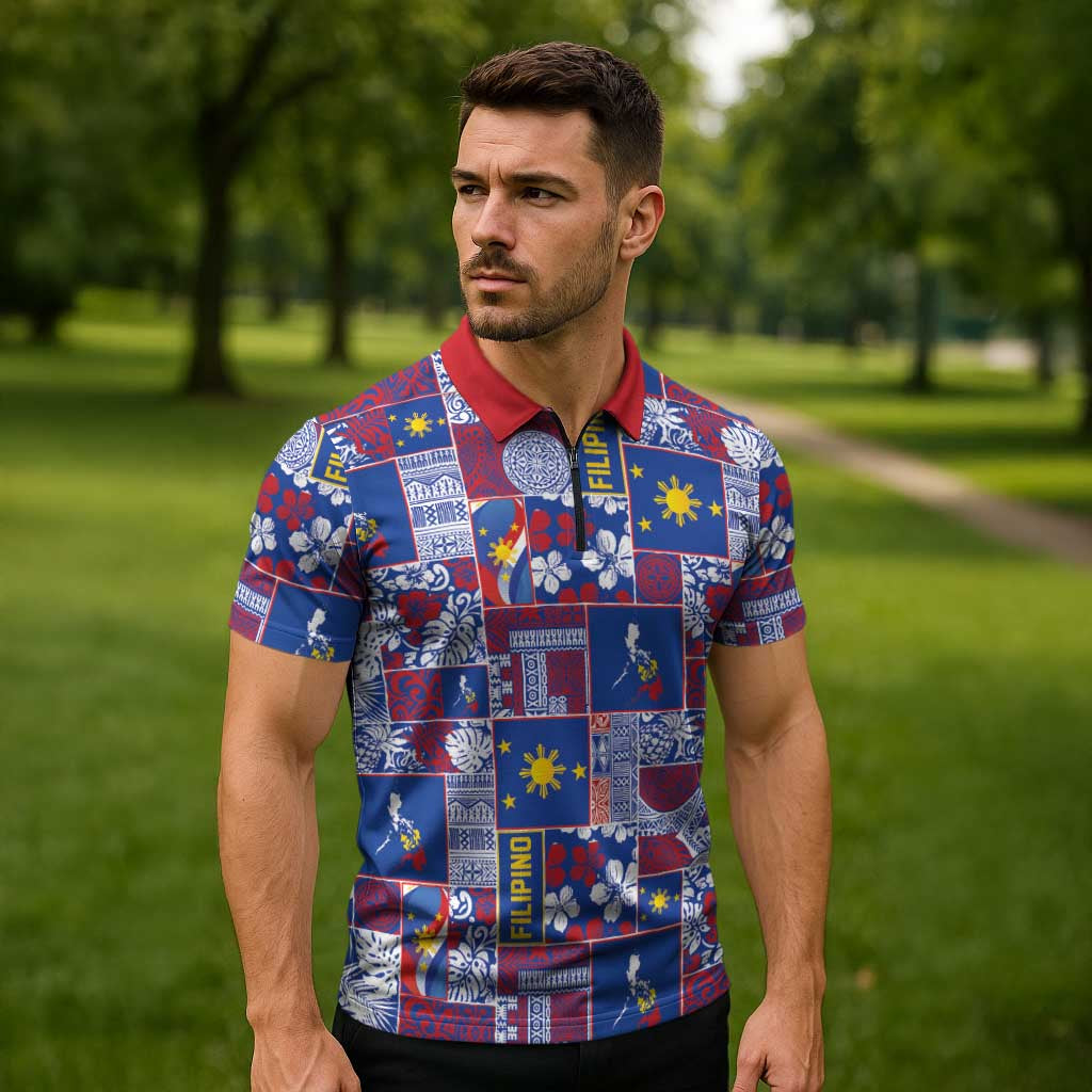 Filipino Maligayang Pasko Zipper Polo Shirt Pacific Patchwork Xmas Vibes LT9 - Polynesian Pride