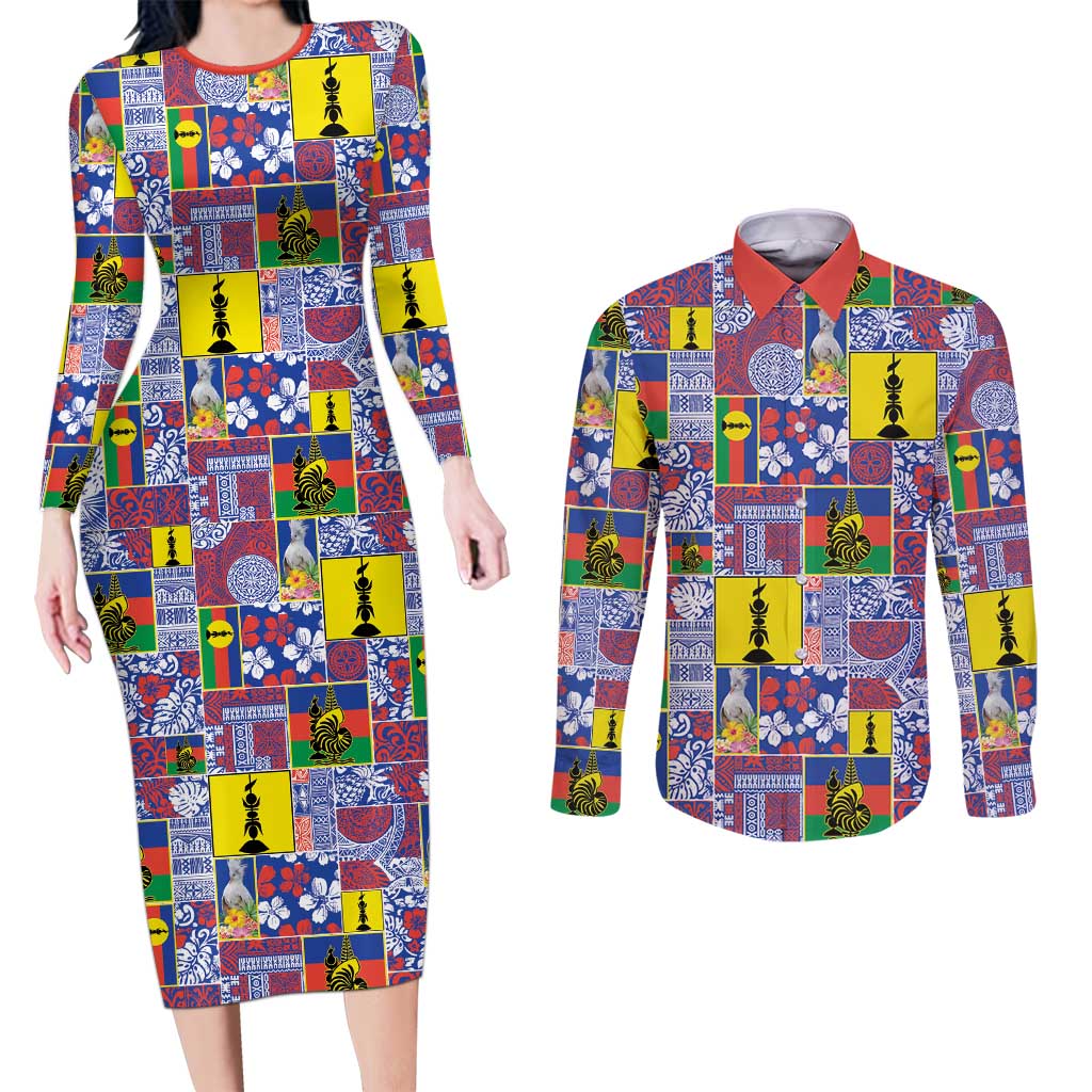 New Caledonia Joyeux Noel Couples Matching Long Sleeve Bodycon Dress and Long Sleeve Button Shirt Pacific Patchwork Xmas Vibes LT9 Blue - Polynesian Pride