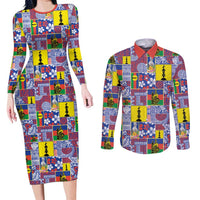 New Caledonia Joyeux Noel Couples Matching Long Sleeve Bodycon Dress and Long Sleeve Button Shirt Pacific Patchwork Xmas Vibes LT9 Blue - Polynesian Pride