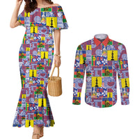 New Caledonia Joyeux Noel Couples Matching Mermaid Dress and Long Sleeve Button Shirt Pacific Patchwork Xmas Vibes LT9 Blue - Polynesian Pride