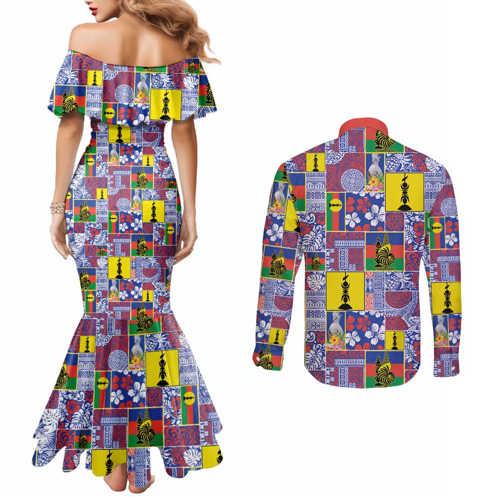 New Caledonia Joyeux Noel Couples Matching Mermaid Dress and Long Sleeve Button Shirt Pacific Patchwork Xmas Vibes LT9 - Polynesian Pride