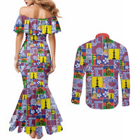New Caledonia Joyeux Noel Couples Matching Mermaid Dress and Long Sleeve Button Shirt Pacific Patchwork Xmas Vibes LT9 - Polynesian Pride