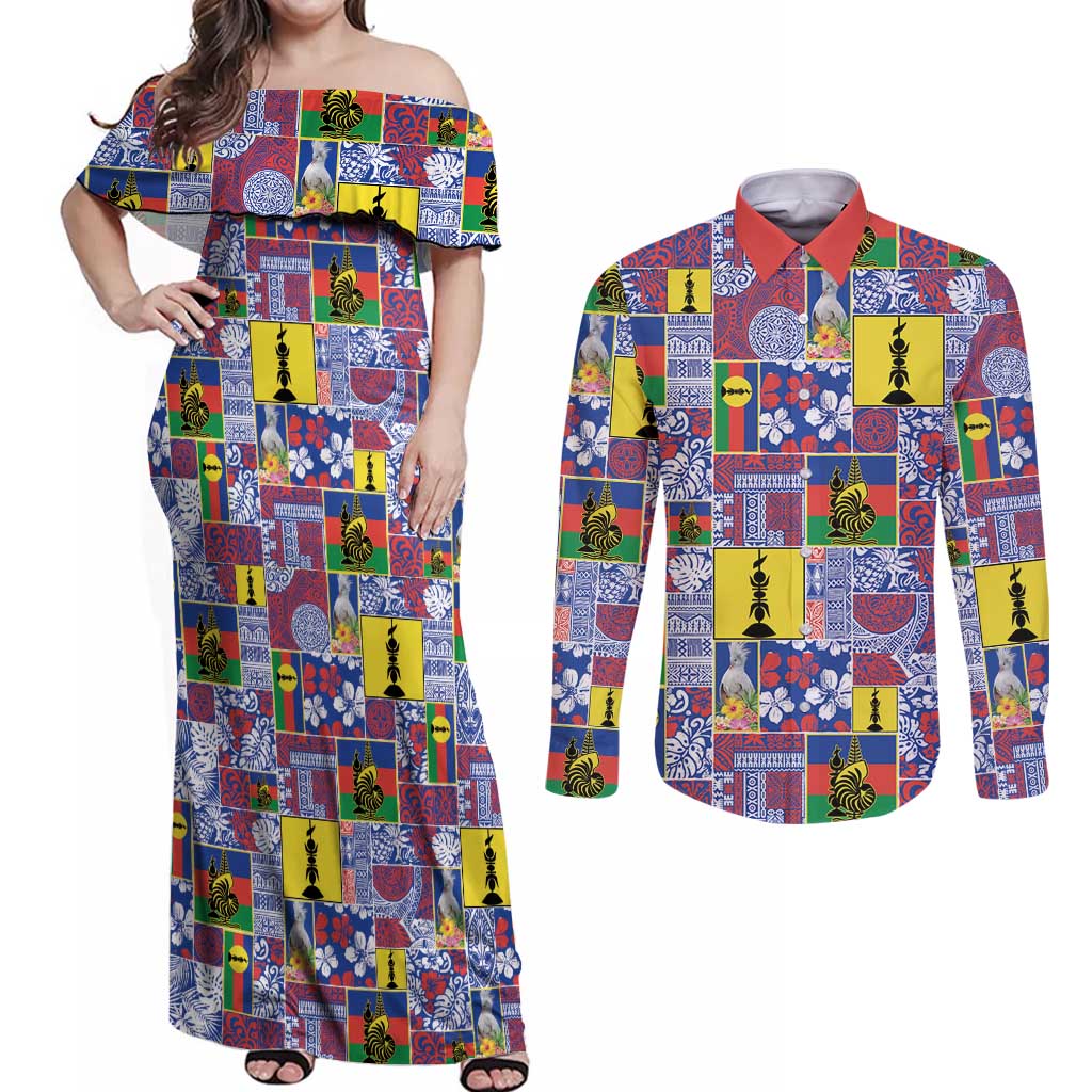 New Caledonia Joyeux Noel Couples Matching Off Shoulder Maxi Dress and Long Sleeve Button Shirt Pacific Patchwork Xmas Vibes LT9 Blue - Polynesian Pride