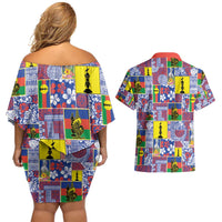 New Caledonia Joyeux Noel Couples Matching Off Shoulder Short Dress and Hawaiian Shirt Pacific Patchwork Xmas Vibes - Polynesian Pride