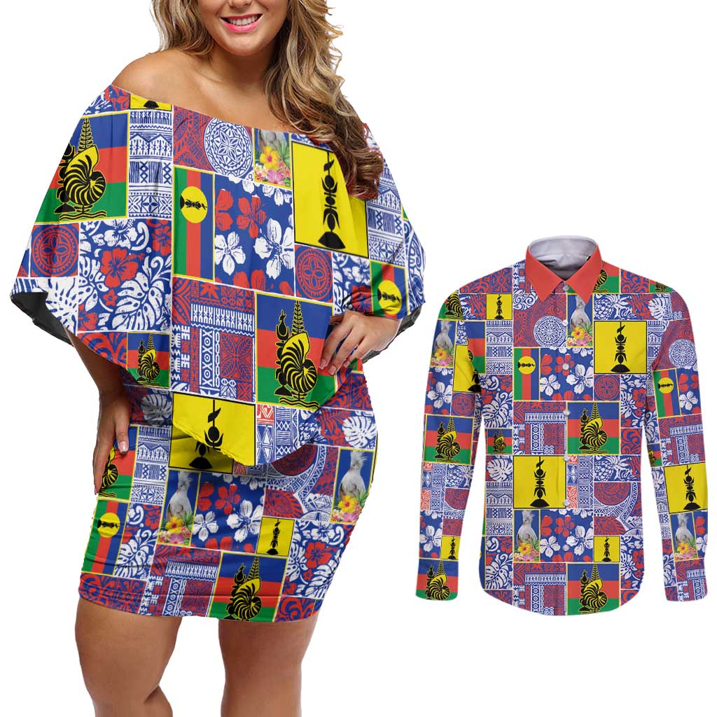 New Caledonia Joyeux Noel Couples Matching Off Shoulder Short Dress and Long Sleeve Button Shirt Pacific Patchwork Xmas Vibes LT9 Blue - Polynesian Pride