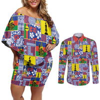 New Caledonia Joyeux Noel Couples Matching Off Shoulder Short Dress and Long Sleeve Button Shirt Pacific Patchwork Xmas Vibes LT9 Blue - Polynesian Pride