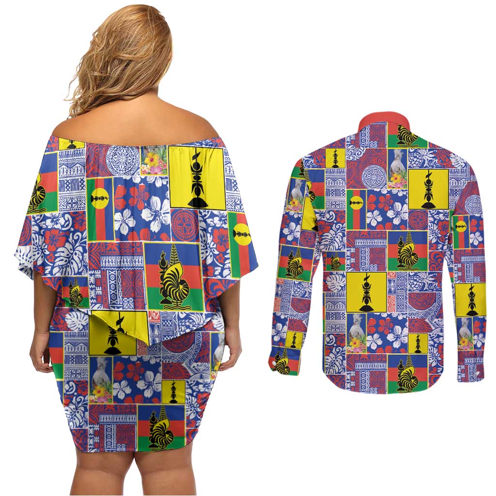 New Caledonia Joyeux Noel Couples Matching Off Shoulder Short Dress and Long Sleeve Button Shirt Pacific Patchwork Xmas Vibes LT9 - Polynesian Pride