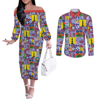 New Caledonia Joyeux Noel Couples Matching Off The Shoulder Long Sleeve Dress and Long Sleeve Button Shirt Pacific Patchwork Xmas Vibes LT9 Blue - Polynesian Pride