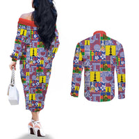 New Caledonia Joyeux Noel Couples Matching Off The Shoulder Long Sleeve Dress and Long Sleeve Button Shirt Pacific Patchwork Xmas Vibes LT9 - Polynesian Pride