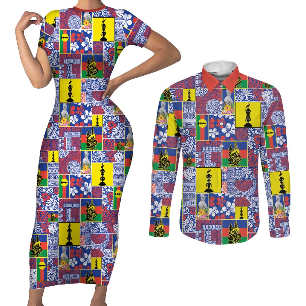 New Caledonia Joyeux Noel Couples Matching Short Sleeve Bodycon Dress and Long Sleeve Button Shirt Pacific Patchwork Xmas Vibes LT9 Blue - Polynesian Pride