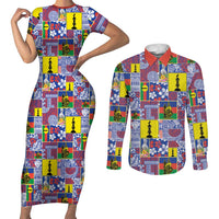 New Caledonia Joyeux Noel Couples Matching Short Sleeve Bodycon Dress and Long Sleeve Button Shirt Pacific Patchwork Xmas Vibes LT9 Blue - Polynesian Pride