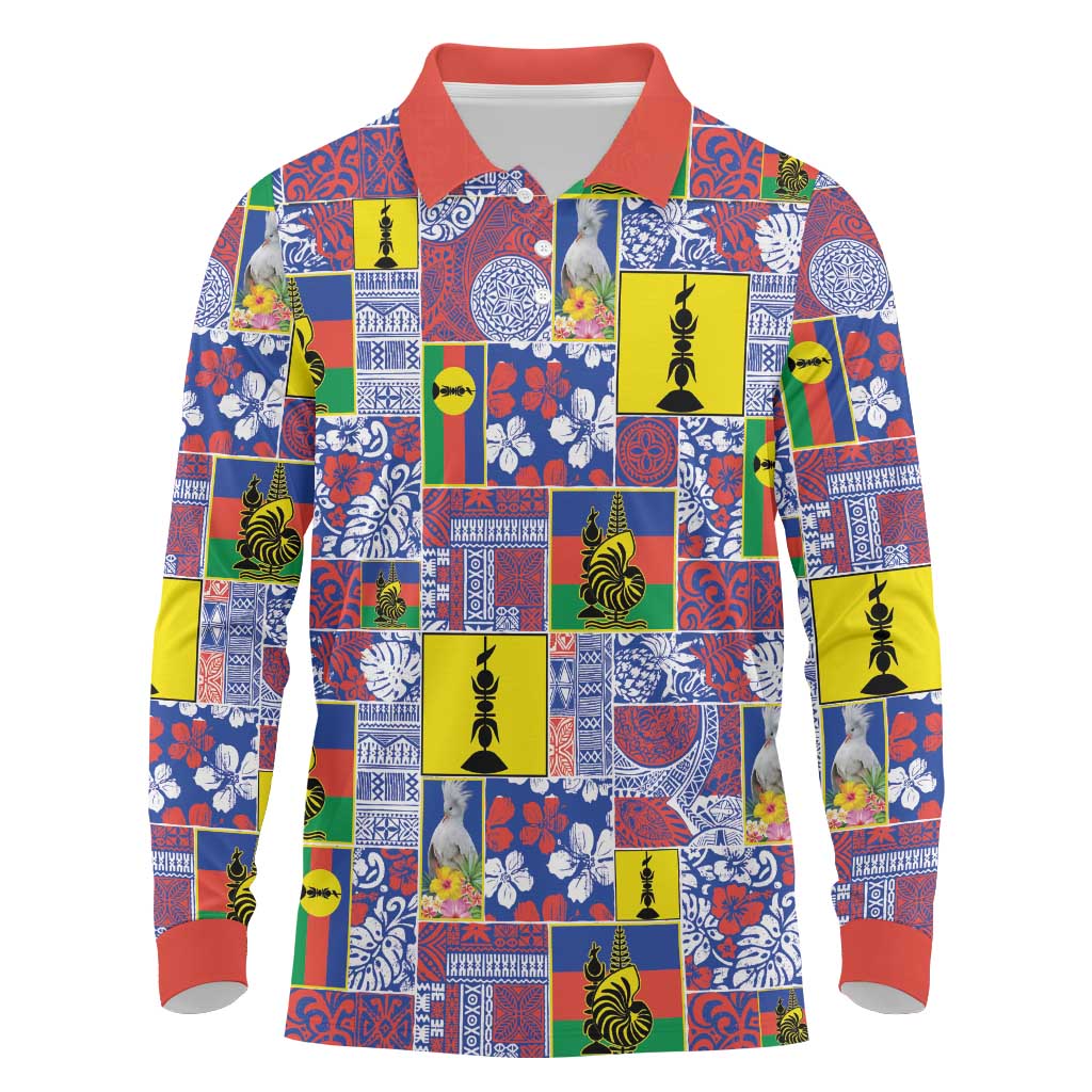 New Caledonia Joyeux Noel Long Sleeve Polo Shirt Pacific Patchwork Xmas Vibes LT9 Blue - Polynesian Pride