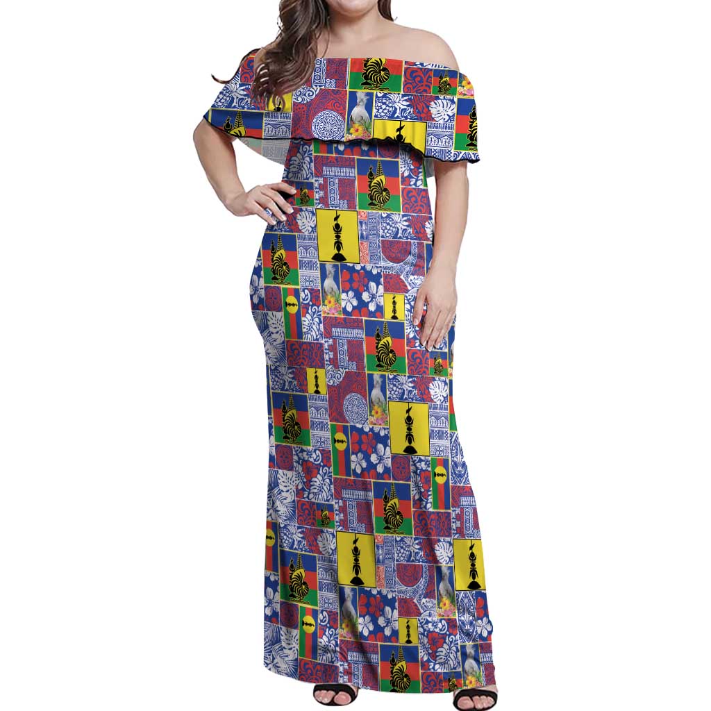 New Caledonia Joyeux Noel Off Shoulder Maxi Dress Pacific Patchwork Xmas Vibes LT9 Women Blue - Polynesian Pride