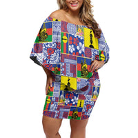New Caledonia Joyeux Noel Off Shoulder Short Dress Pacific Patchwork Xmas Vibes LT9 Women Blue - Polynesian Pride