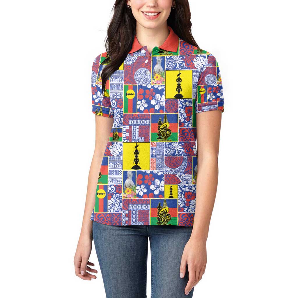 New Caledonia Joyeux Noel Women Polo Shirt Pacific Patchwork Xmas Vibes - Polynesian Pride