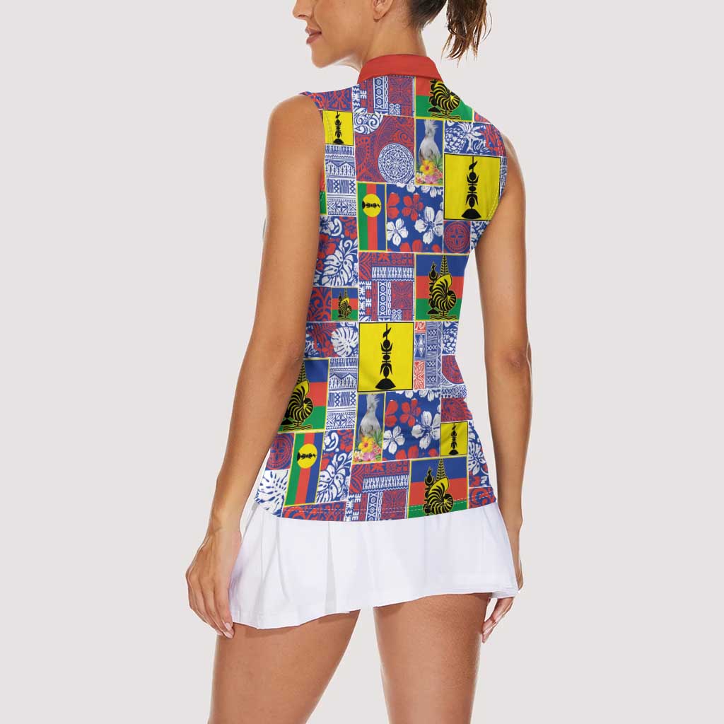 New Caledonia Joyeux Noel Women Sleeveless Polo Shirt Pacific Patchwork Xmas Vibes LT9 - Polynesian Pride