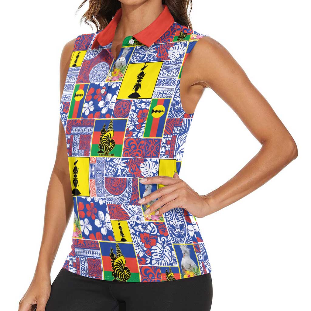 New Caledonia Joyeux Noel Women Sleeveless Polo Shirt Pacific Patchwork Xmas Vibes LT9 - Polynesian Pride