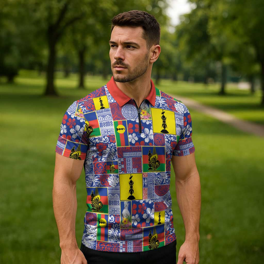 New Caledonia Joyeux Noel Zipper Polo Shirt Pacific Patchwork Xmas Vibes - Polynesian Pride