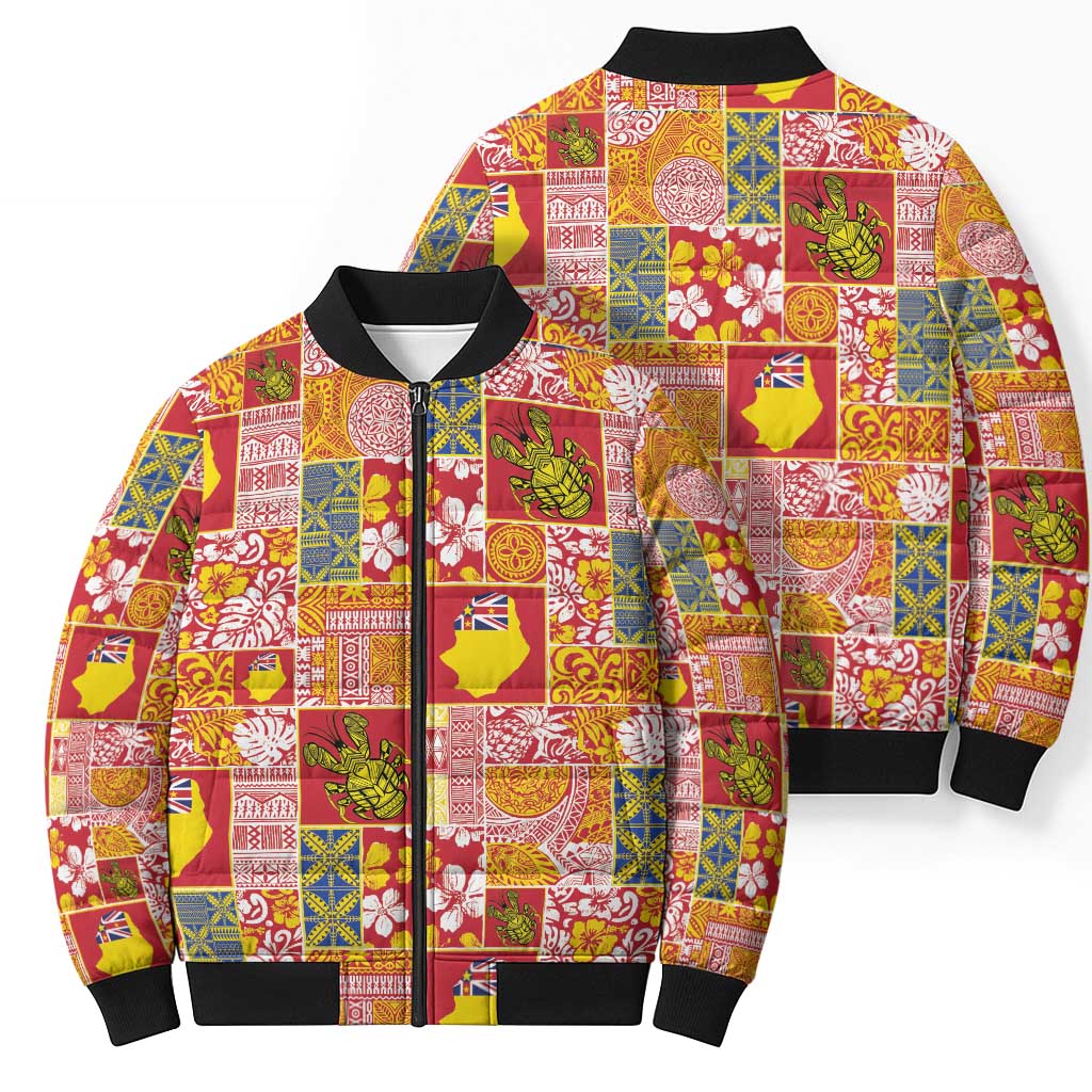 Niue Monuina e Kilisimasi Bomber Puffer Jacket Pacific Patchwork Xmas Vibes LT9 - Polynesian Pride