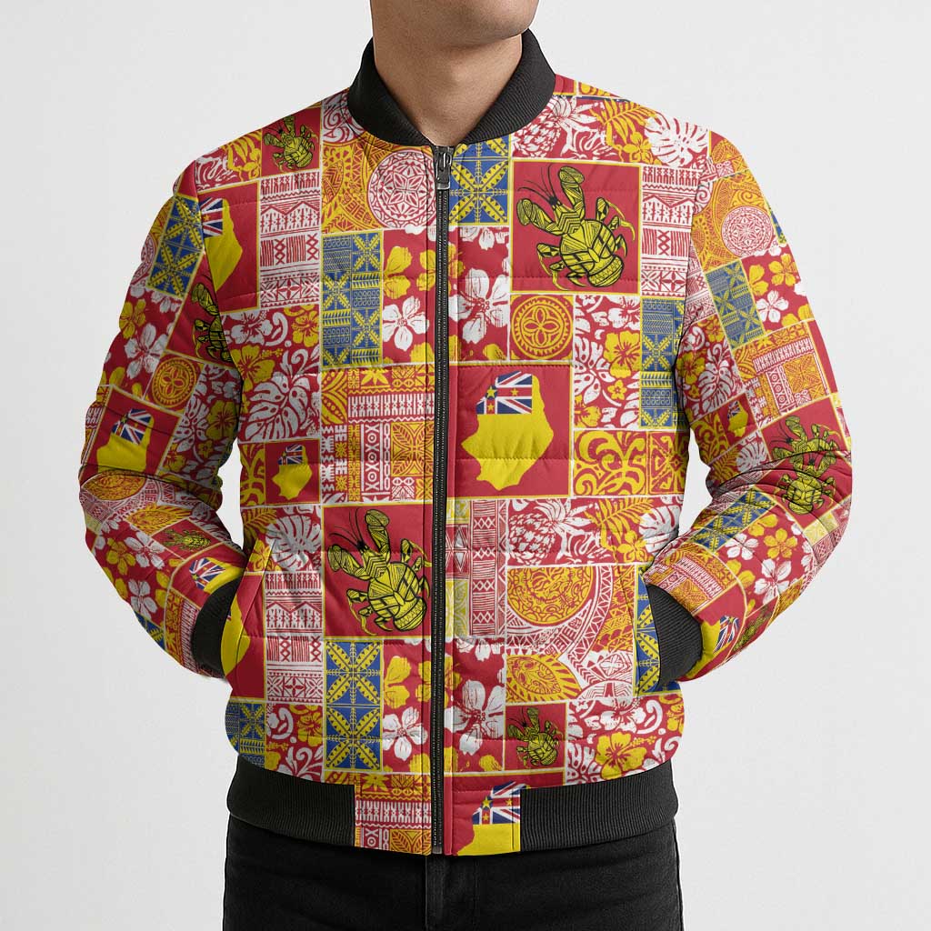 Niue Monuina e Kilisimasi Bomber Puffer Jacket Pacific Patchwork Xmas Vibes LT9 - Polynesian Pride