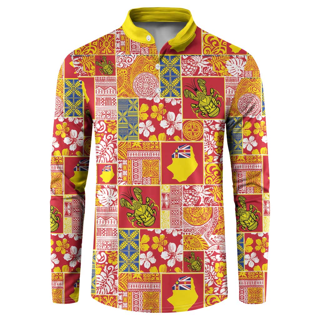Niue Monuina e Kilisimasi Button Sweatshirt Pacific Patchwork Xmas Vibes LT9 Yellow - Polynesian Pride