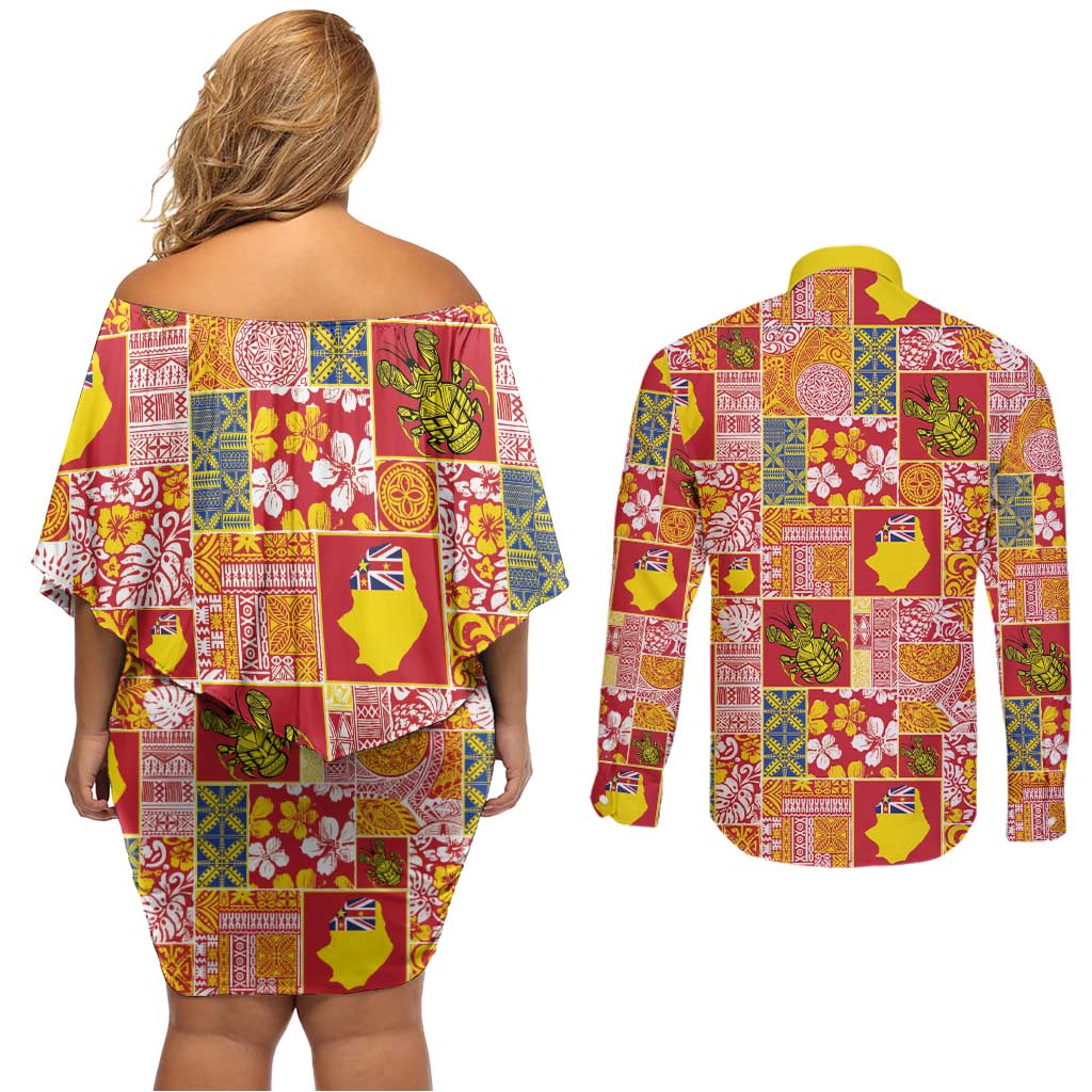 Niue Monuina e Kilisimasi Couples Matching Off Shoulder Short Dress and Long Sleeve Button Shirt Pacific Patchwork Xmas Vibes - Polynesian Pride