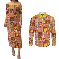 Niue Monuina e Kilisimasi Couples Matching Puletasi and Long Sleeve Button Shirt Pacific Patchwork Xmas Vibes LT9 Yellow - Polynesian Pride