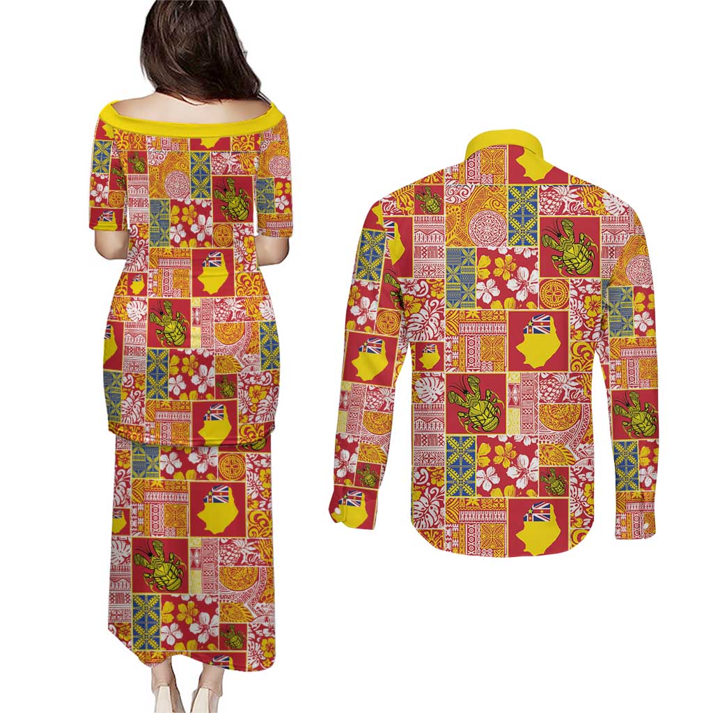 Niue Monuina e Kilisimasi Couples Matching Puletasi and Long Sleeve Button Shirt Pacific Patchwork Xmas Vibes LT9 - Polynesian Pride