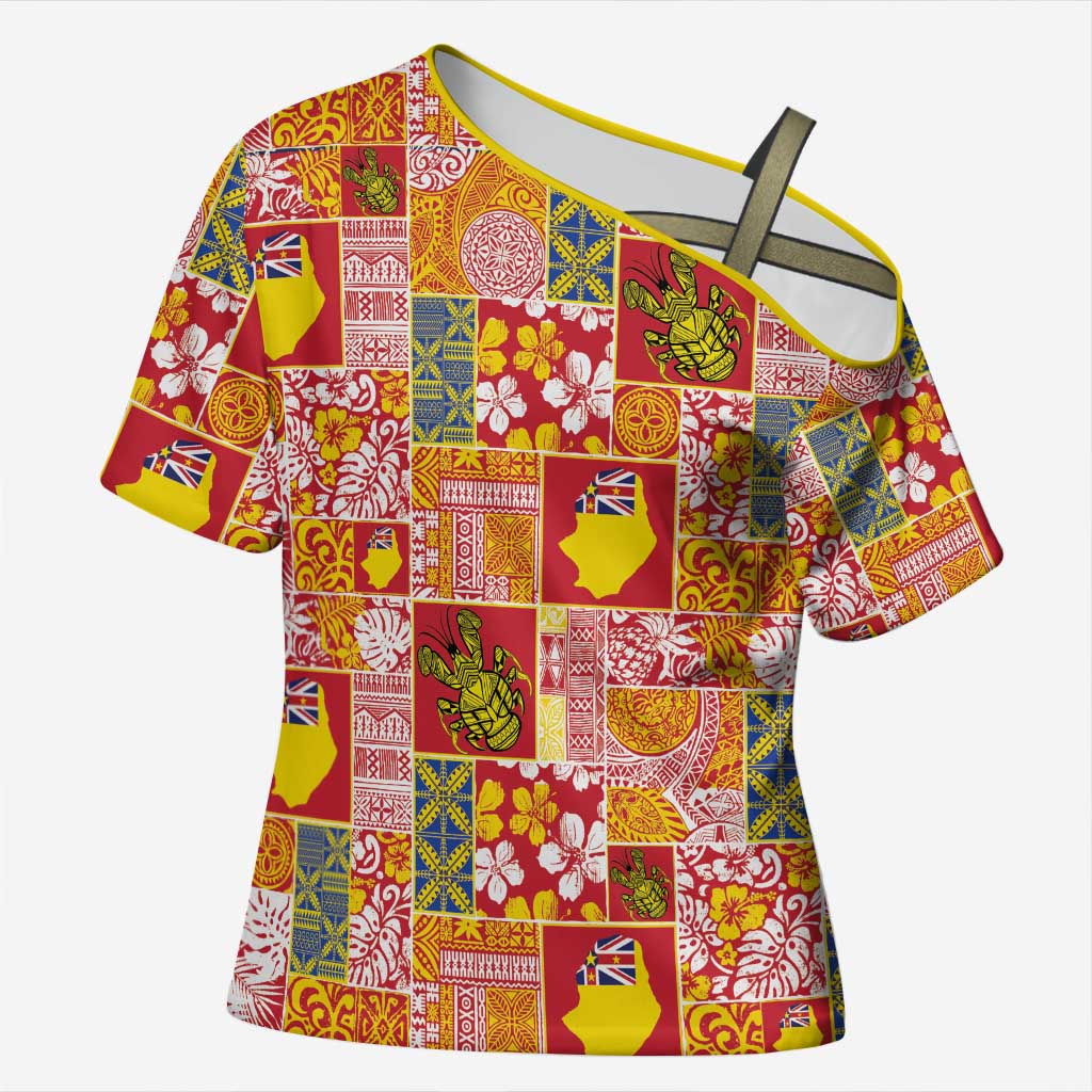 Niue Monuina e Kilisimasi Cross Shoulder Shirt Pacific Patchwork Xmas Vibes LT9 Female Yellow - Polynesian Pride
