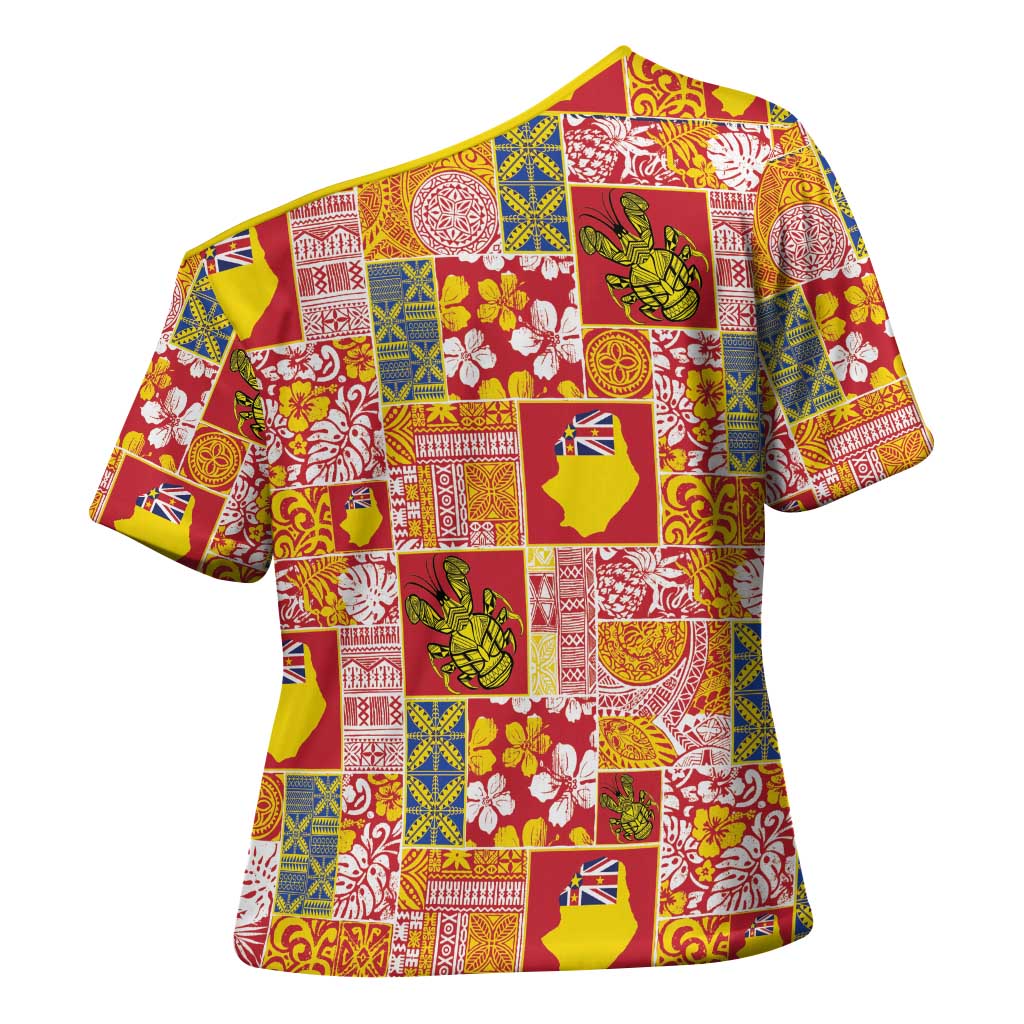 Niue Monuina e Kilisimasi Cross Shoulder Shirt Pacific Patchwork Xmas Vibes LT9 - Polynesian Pride