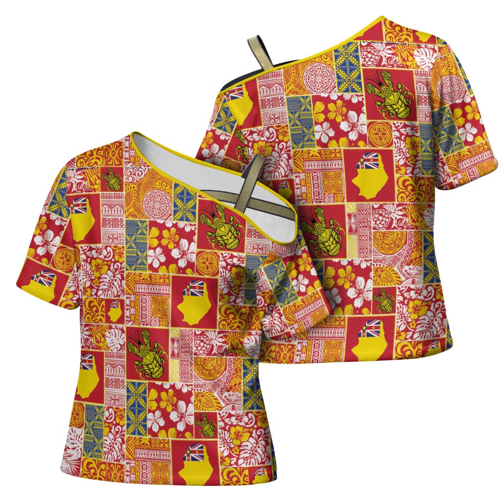 Niue Monuina e Kilisimasi Cross Shoulder Shirt Pacific Patchwork Xmas Vibes LT9 - Polynesian Pride