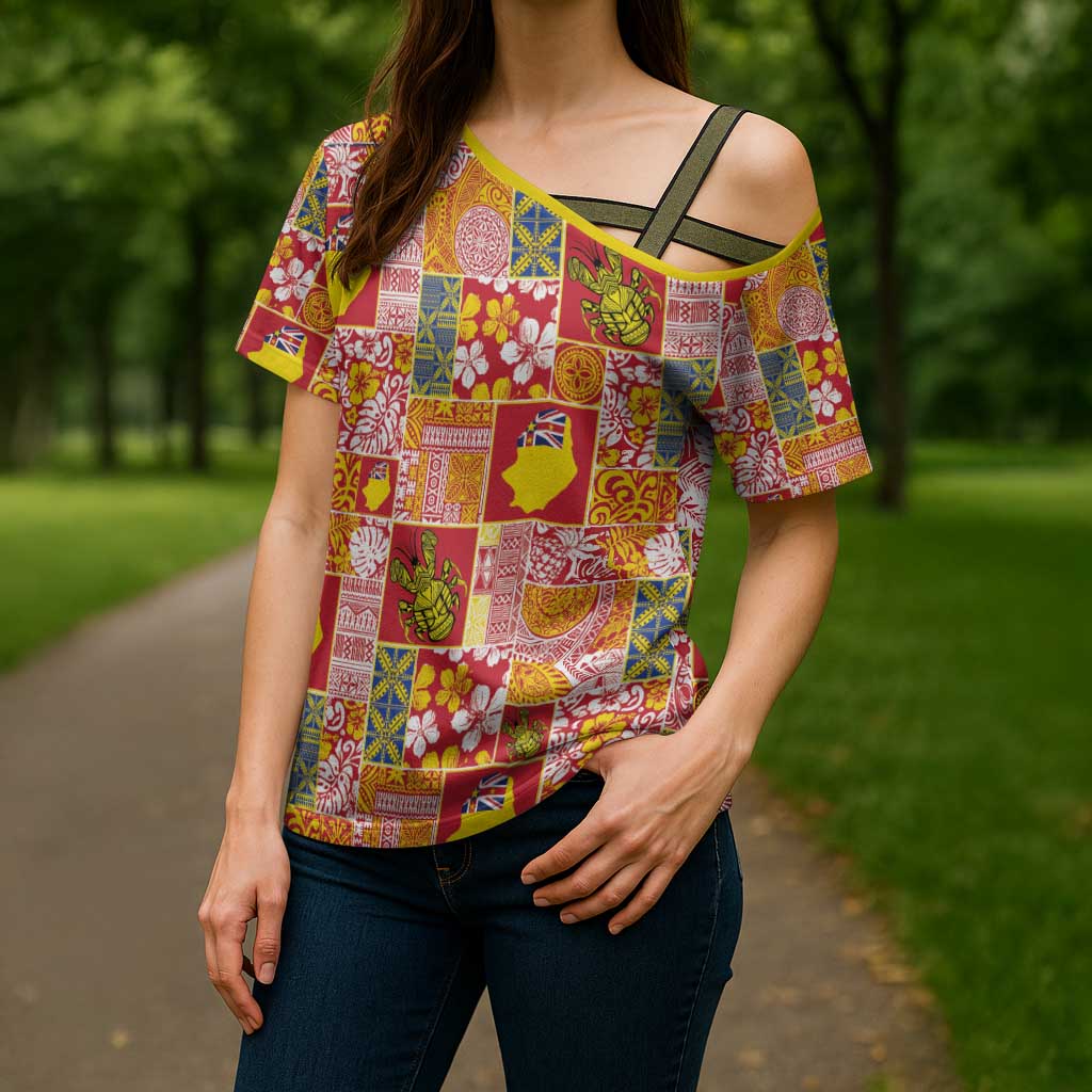 Niue Monuina e Kilisimasi Cross Shoulder Shirt Pacific Patchwork Xmas Vibes LT9 - Polynesian Pride