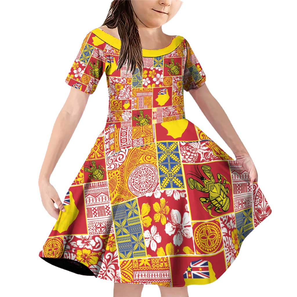 Niue Monuina e Kilisimasi Family Matching Off Shoulder Short Dress and Hawaiian Shirt Pacific Patchwork Xmas Vibes - Polynesian Pride