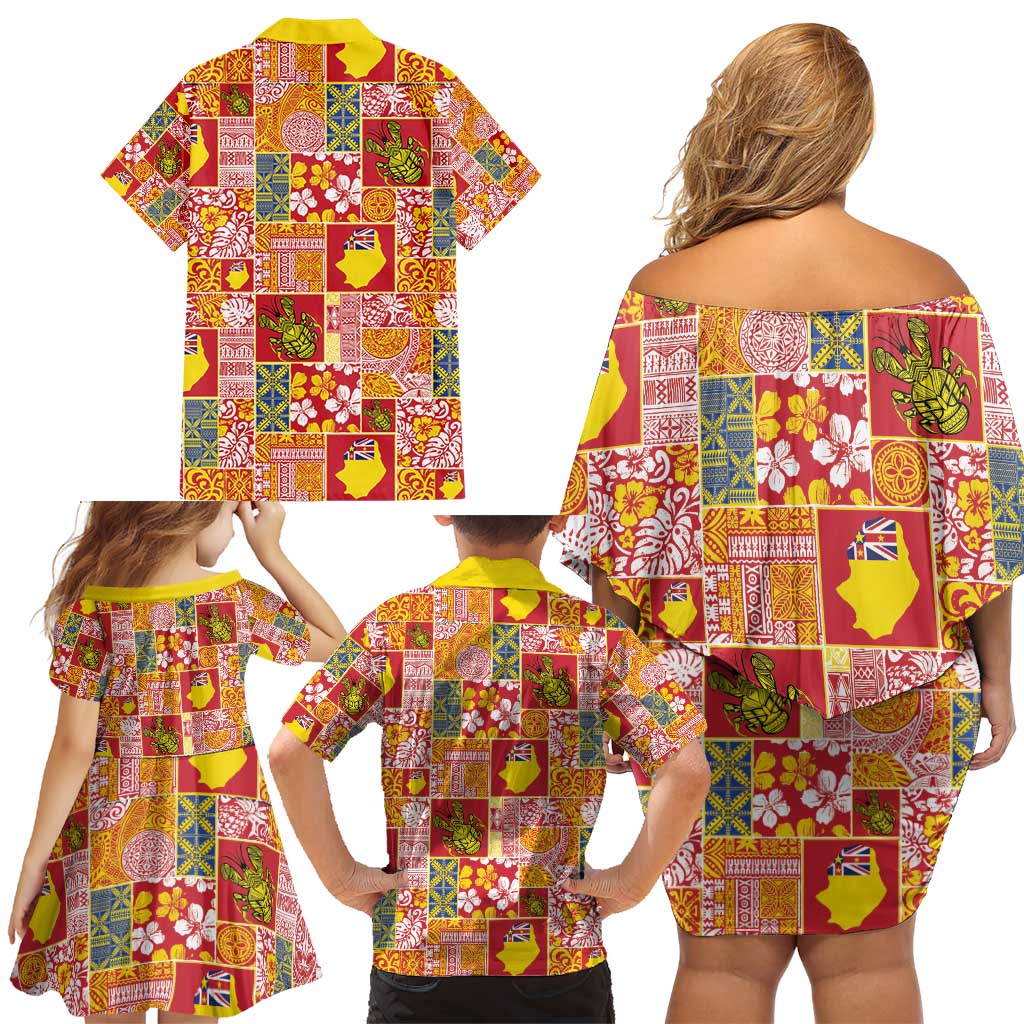 Niue Monuina e Kilisimasi Family Matching Off Shoulder Short Dress and Hawaiian Shirt Pacific Patchwork Xmas Vibes - Polynesian Pride