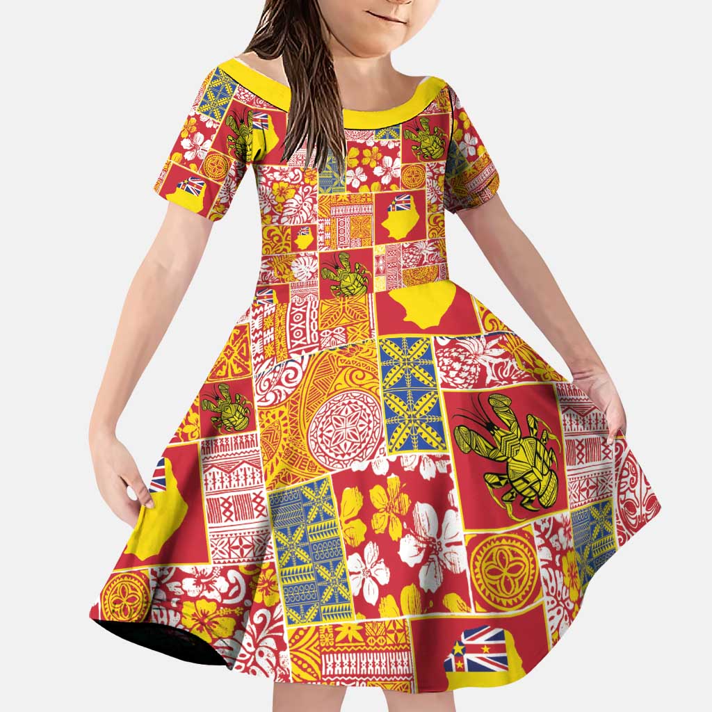 Niue Monuina e Kilisimasi Family Matching Puletasi and Hawaiian Shirt Pacific Patchwork Xmas Vibes LT9 Daughter's Dress Yellow - Polynesian Pride