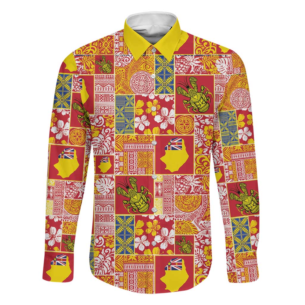 Niue Monuina e Kilisimasi Family Matching Puletasi and Hawaiian Shirt Pacific Patchwork Xmas Vibes LT9 Dad's Shirt - Long Sleeve Yellow - Polynesian Pride