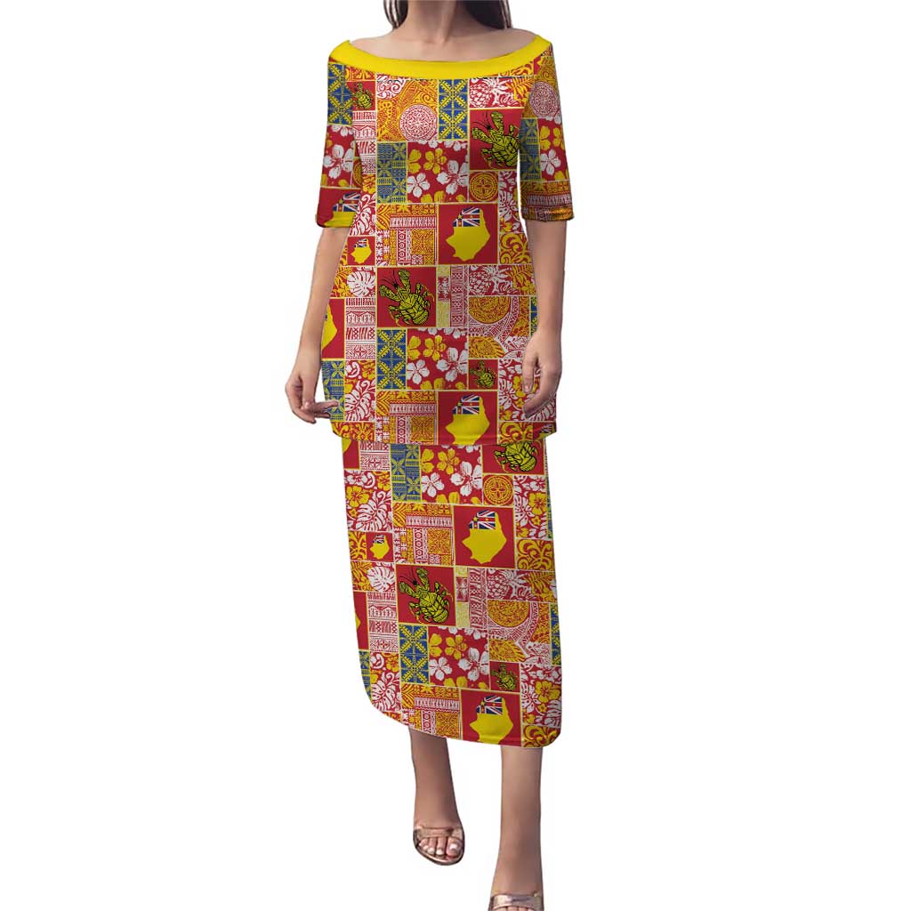 Niue Monuina e Kilisimasi Family Matching Puletasi and Hawaiian Shirt Pacific Patchwork Xmas Vibes LT9 Mom's Dress Yellow - Polynesian Pride