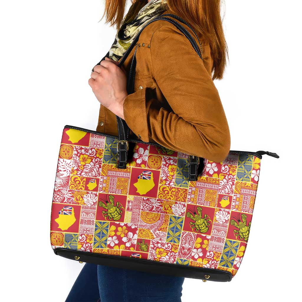 Niue Monuina e Kilisimasi Leather Tote Bag Pacific Patchwork Xmas Vibes - Polynesian Pride