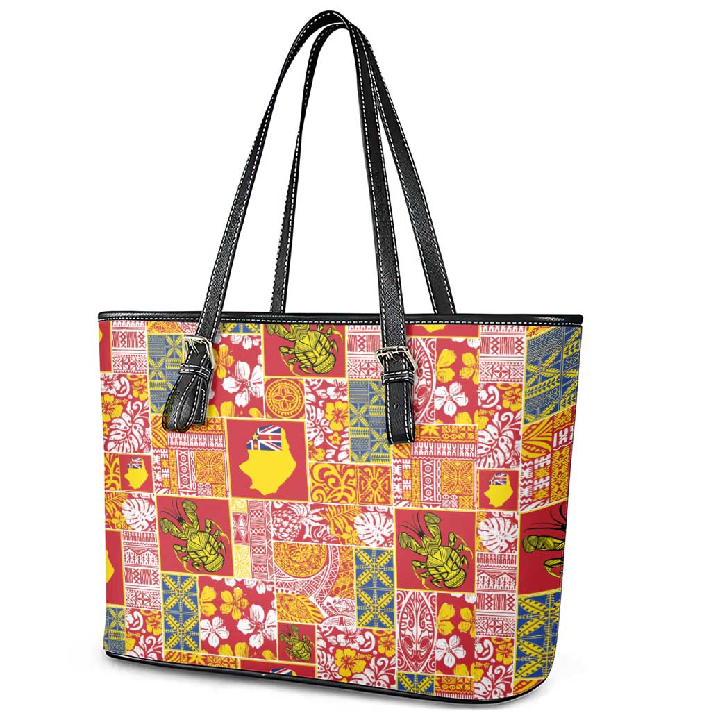 Niue Monuina e Kilisimasi Leather Tote Bag Pacific Patchwork Xmas Vibes - Polynesian Pride