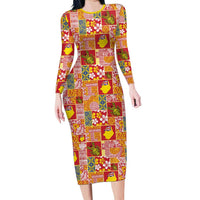 Niue Monuina e Kilisimasi Long Sleeve Bodycon Dress Pacific Patchwork Xmas Vibes - Polynesian Pride