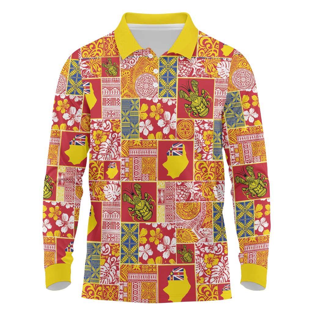 Niue Monuina e Kilisimasi Long Sleeve Polo Shirt Pacific Patchwork Xmas Vibes LT9 Yellow - Polynesian Pride