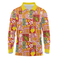 Niue Monuina e Kilisimasi Long Sleeve Polo Shirt Pacific Patchwork Xmas Vibes LT9 Yellow - Polynesian Pride