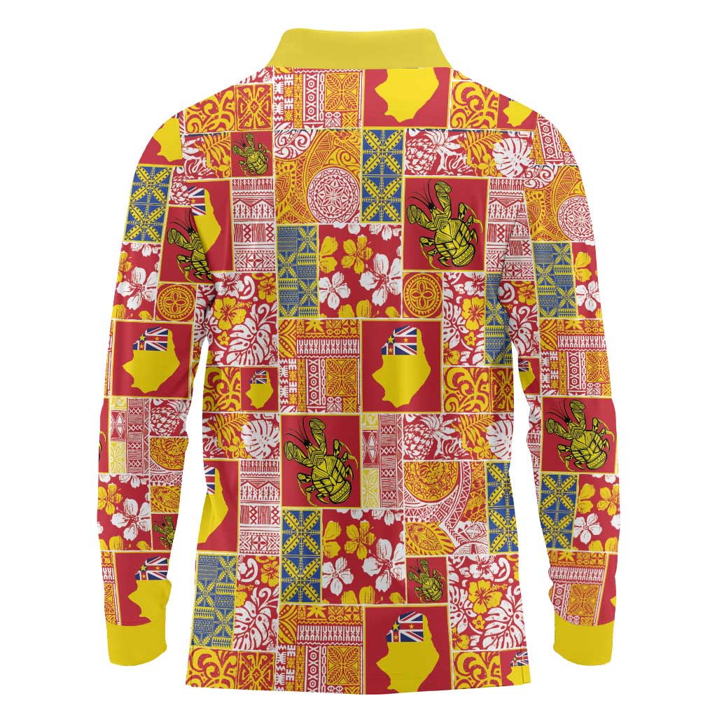 Niue Monuina e Kilisimasi Long Sleeve Polo Shirt Pacific Patchwork Xmas Vibes LT9 - Polynesian Pride