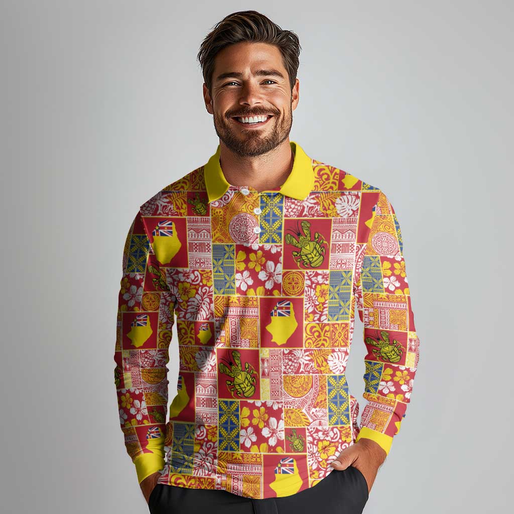 Niue Monuina e Kilisimasi Long Sleeve Polo Shirt Pacific Patchwork Xmas Vibes LT9 - Polynesian Pride