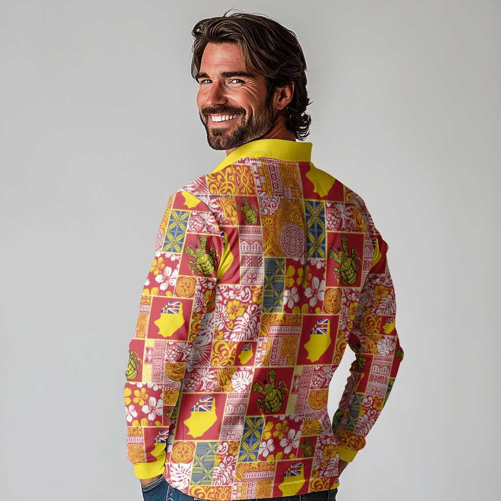 Niue Monuina e Kilisimasi Long Sleeve Polo Shirt Pacific Patchwork Xmas Vibes LT9 - Polynesian Pride