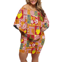 Niue Monuina e Kilisimasi Off Shoulder Short Dress Pacific Patchwork Xmas Vibes - Polynesian Pride