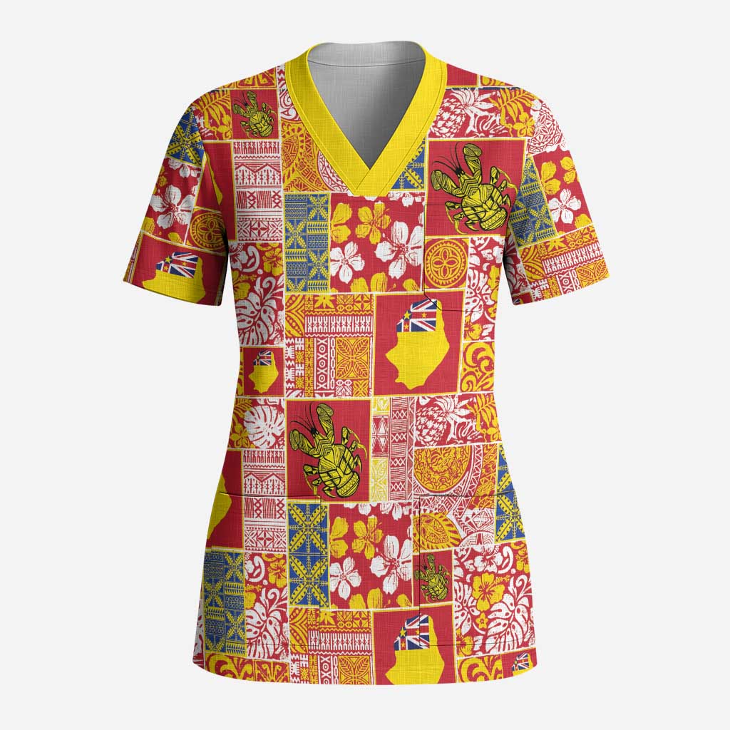 Niue Monuina e Kilisimasi Scrub Top Pacific Patchwork Xmas Vibes LT9 Adult Yellow - Polynesian Pride